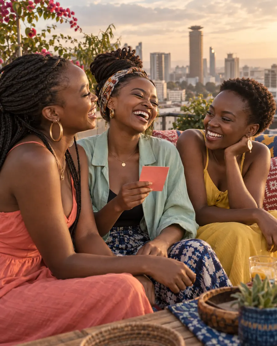 Three friends laughing together on a rooftop