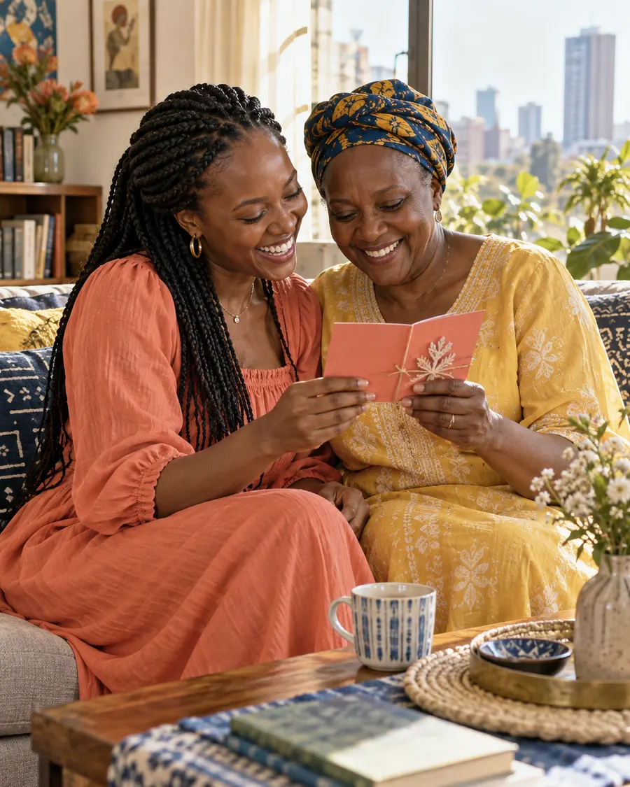 A daughter and mother sharing a keepsake
